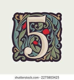 Number five illuminated initial with curve leaf ornament and tulips. Medieval dim colored fancy drop cap logo. Gothic heraldry blackletter dark-age emblem. Perfect for luxury calligraphy with pattern