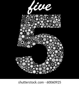 The number FIVE, isolated on a black background. Vector floral illustration. Artistic composition. Cover design template. Illustration for a brochure, poster, cover, postcard, presentation, flyer, or banner.