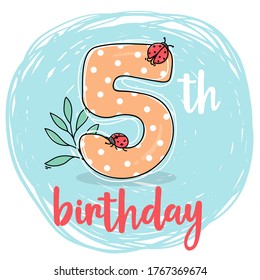 Number five with ladybugs for childrens birthday. For a holiday card, invitation, cake and greeting. Vector illustration in sketch style. Hand-drawn.