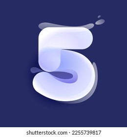 Number five lilac colored logo in Glassmorphism style. Overlapping lines icon with glow, gradient, splashes. Frosted transparent blur emblem. Perfect for app, modern design, vibrant advertising.