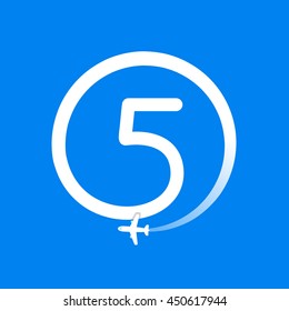 Number five logo with airline and plane. Colorful vector design for banner, presentation, web page, card, labels or posters.