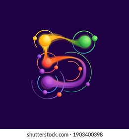 Number five logo with atoms orbits. Vector vivid icon perfect to use in any science labels, technology posters, astronomy identity, etc.