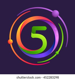 Number five logo with atoms orbits. Bright color vector design for your science, biology, physics, chemistry company. 