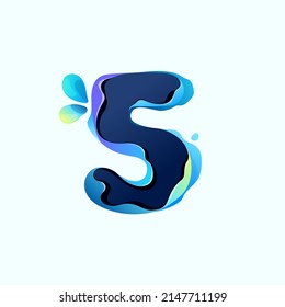 Number five logo with blue dew drops in hologram glitch style. Environment friendly icon with color shift and illusion effect. Vector idea for waste recycling identity or organic merchandise.