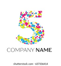 Number five logo with blue, yellow, red particles and bubbles dots on white background. Vector template for your design