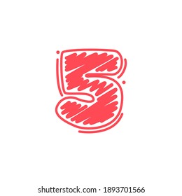 Number five logo in childish wax crayons scribbles style. Bright colorful font for cute kids identity, funny craft package, vibrant poster, etc.