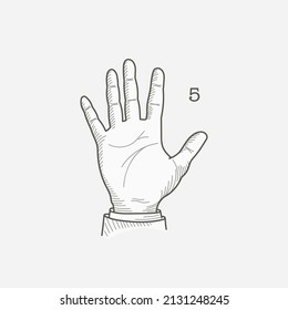 Number five logo in a deaf-mute hand gesture alphabet. Hand-drawn engraving style vector American sign language illustration.