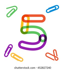 Number five logo formed by paper clip. Vector design for banner, presentation, web page, card, labels or posters.