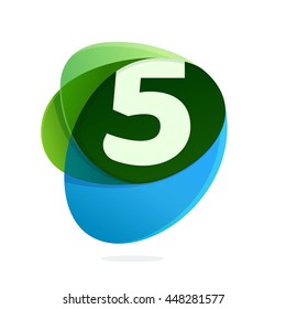 Number five logo in green leaves and blue drops. Colorful vector design for banner, presentation, web page, app icon, card, labels or posters.