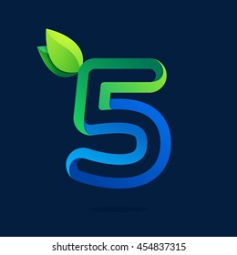 Number five logo with green leaves. Vector design template elements for ecology application, presentation, web page, card.