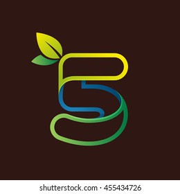 Number five logo with green leaves. Vector design for ecology company, card, labels or posters.