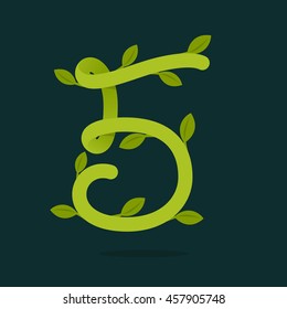 Number five logo with green leaves. Ecology vector design for banner, presentation, web page, app icon, card, labels or posters.