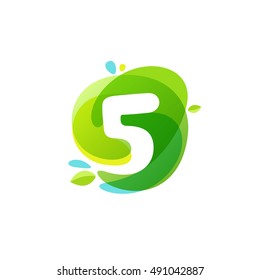 Number five logo at green watercolor splash background. 5 icon. Vector elements for posters, t-shirts, ecology presentation or card.