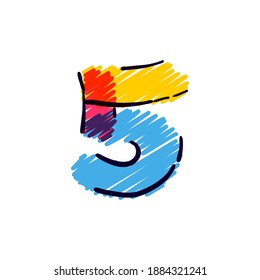 Number five logo hand drawn with a colored pencils. Perfect vector childish font for a school style cartoon, cute comic print, kindergarten posters, etc.