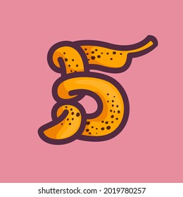 Number five logo made of banana. Fruit handmade calligraphy for agricultural identity, restaurant cards, kids t-shirt, summer prints, etc.