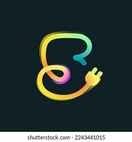 Number five logo made of curved vivid gradient line with plug icon and rainbow shine. Overlapping multicolor emblem. Ideal for colorful electric app, eco-friendly charge sign, technology advertising.