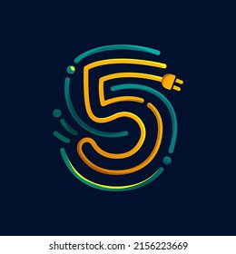 Number five logo made of fingerprint with plug. Colorful cable icon with vivid gradients and lines. Perfect for energy design, accessories advertising, gadget packaging, electric identity.
