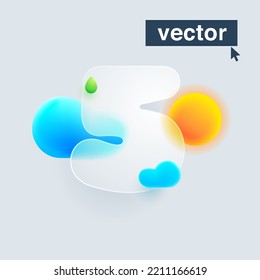 Number five logo made of sun, clouds, and green drop under mate glass. Realistic 3d glass morphism style emblem. Vector blurry translucent design. Website or mobile app UI icon for weather forecast.