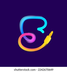 Number five logo made of vivid gradient line wire with mini jack icon and rainbow shine. Overlapping multicolor emblem. Ideal for music app, audio design, DJ identity, technology advertising.