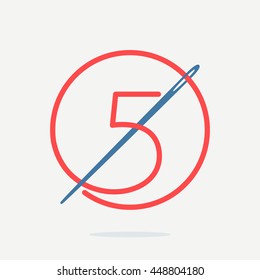 Number five logo with needle and thread. Colorful vector design for banner, presentation, web page, card, labels or posters.