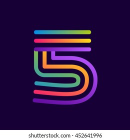 Number five logo with neon lines. Vector design for banner, presentation, web page, card, labels or posters.