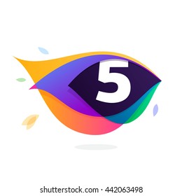 Number five logo in peacock feather icon. Colorful vector design for banner, presentation, web page, app icon, card, labels or posters.