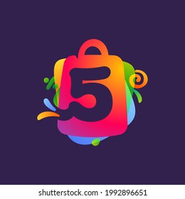 Number five logo with shopping bag and Sale icons. Vector template perfect to use in your special offer label, one day deal banner, final discount identity.