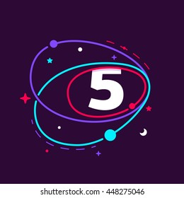 Number five logo in space orbits, stars and planets. Colorful vector design for banner, presentation, web page, app icon, card, labels or posters.