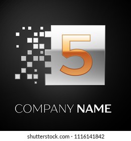 Number Five logo symbol in the golden-silver colorful square with shattered blocks on black background. Vector template for your design