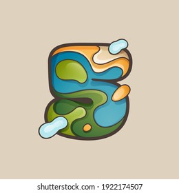 Number five logo with topographic map line pattern. Outdoor adventure emblem with mountain, ocean, hills, forest, desert, and clouds.