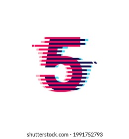 Number five logo with vibrant line glitch effect. Vector font perfect to use in your nightlife labels, expressive game screen, electronic identity.