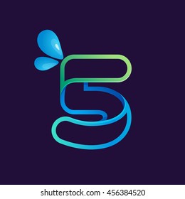 Number five logo with water waves and drops. Vector design for ecology company, card, labels or posters.