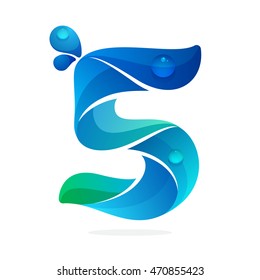 Number five logo with water waves and drops. Vector elements for ecology banner, presentation, web page, card, labels or posters.