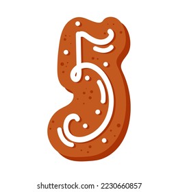 Number five made of glazed gingerbread festive font symbol of happy new year and christmas. Vector hand drawn cartoon illustration