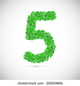 Number five, made up of green leaves, vector illustration