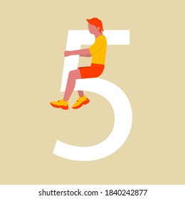 Number five. A man sits on a large number five like a rider. A flat cartoon character with numbers. Vector illustration. Eps 10