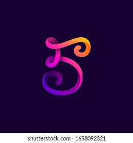 Logotipo número cinco de luz de neón. Fuente de guión manuscrita vectora para las etiquetas de discoteca, empresa futurista, carteles de casino, etc.