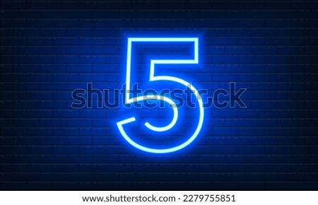 Number Five neon sign on brick wall background. Vintage blue electric signboard with bright neon light inscription. Fifth, Number 5 template icon, neon banner, nightly advertising. Vector illustration