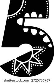 Número cinco con estampados folclóricos nórdicos, puntos y adornos geométricos en silueta audaz. Símbolo de contar, educación, decoración infantil y tipografía artesanal. Ilustración vectorial de dibujos animados.