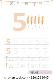 Number five. Numbers worksheet. Handwriting activity for kids. Workbook for preschoolers and kindergarten.