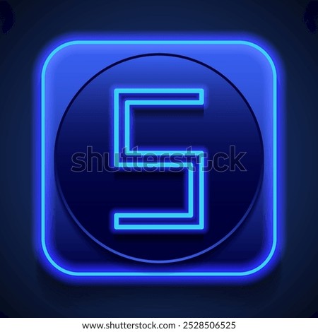 Number five, numeral simple icon vector. Flat design. Blue neon style on button. With shadow.ai