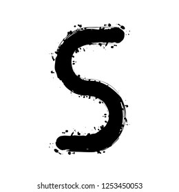 Number five, numeral, simple letter. Black ink with splashes on white background