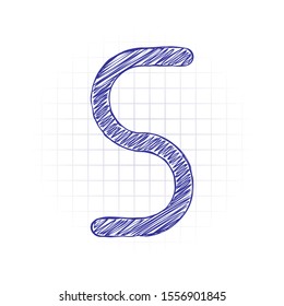 Number five, numeral, simple letter. Hand drawn sketched picture with scribble fill. Blue ink. Doodle on white background