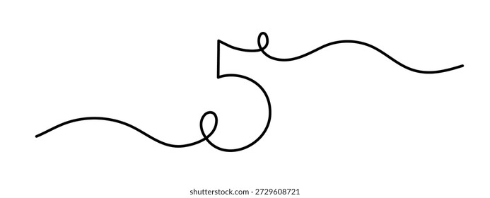 Número cinco una línea de arte, dibujado a mano 5 quinto signo contorno de dibujo continuo, contorno matemático numérico contorno de símbolo de dígito numérico minimalista. Trazo editable. Aislado. Ilustración vectorial