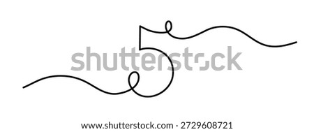 Number five one line art, hand drawn 5 fifth sign continuous drawing contour, numeric mathematical outline minimalist numeral digit symbol outline. Editable stroke. Isolated. Vector illustration