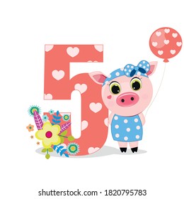 Number five and pig with balloon. Perfect for greeting cards, party invitations, posters, stickers, pin, scrapbooking, icons.