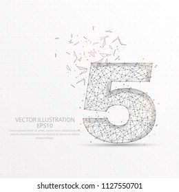 Number five point, abstract mash line and composition digitally drawn in the form of broken a part triangle shape and scattered dots low poly wire frame on white background.