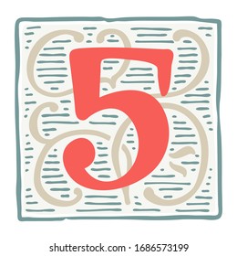 Number five renaissance logo with line pattern. Vintage vector typeface perfect for premium design labels, medieval print, antique posters, etc.