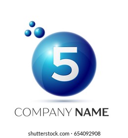 Number five splash logo. Blue dots and bubbles number design on grey background. Vector Illustration
