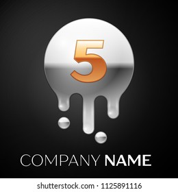 Number Five splash logo. Golden dots and silver bubbles letter design on black background. Vector Illustration
